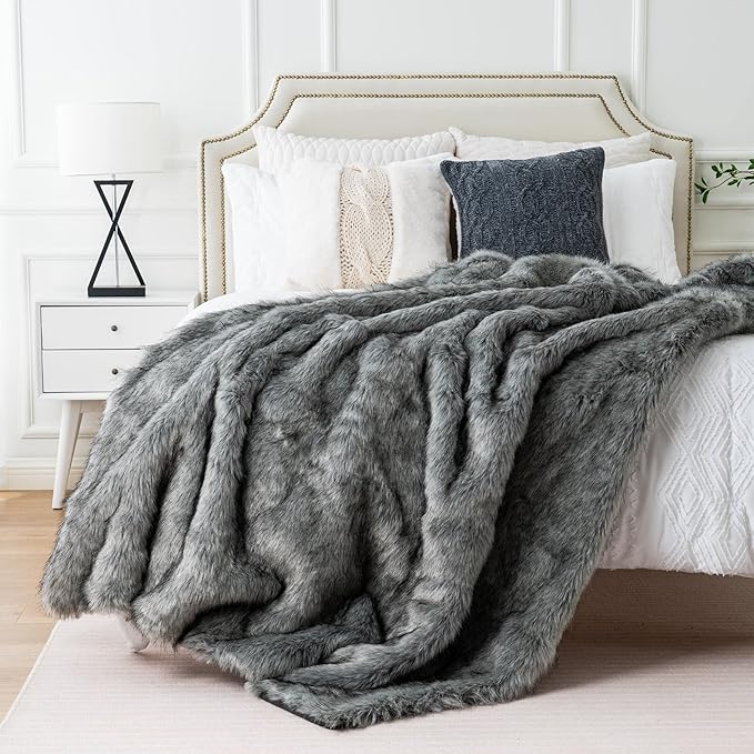 BATTILO HOME Silver Grey Faux Fur Throw Blanket for Couch, Bed, Fake Fur Blankets & Throws, Thick Warm Heavy Fluffy Fuzzy Elegant Furry Blanket Long Pile with Black Tips, 50"x60"-Ruum Studio Home