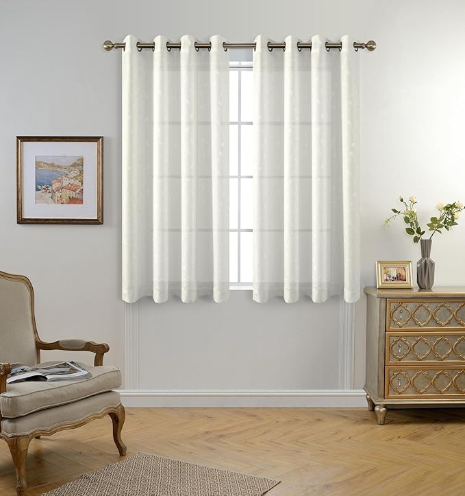 MIUCO Floral Embroidery Semi Sheer Curtains Faux Linen Grommet Curtains for Bedroom 52 x 63 Inch 2 Panels, Off White-Ruum Studio Home