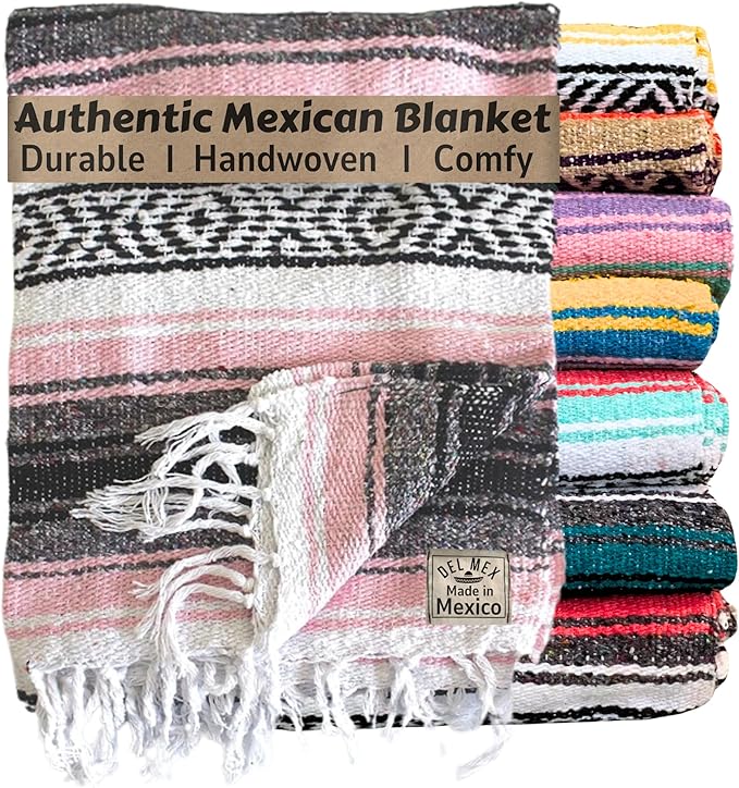 Del Mex Classic Mexican Blanket, Large Authentic Woven Falsa Throw (70"x50"), Artisan Southwest Décor for Beach, Yoga, Outdoors (Pink)-Ruum Studio Home