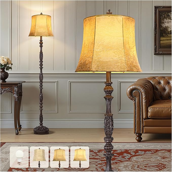 Scenekoy Vintage 66” Tall Floor Lamp for Living Room Bedroom, Retro Resin Carved Standing Lamp with Faux Leather Shade, 3-Way Dimmable Bulb, Rotary Switch Rustic Corner Light for Home Decor-Ruum Studio Home
