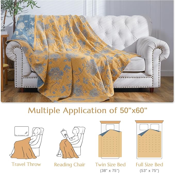 jinchan Boho 100% Cotton Muslin Twin Size 50x60 Inches Blanket Lightweight 4-Layer Quilted Soft Yellow and Blue Floral Throw Blanket Reversible Comfy Flower Breathable All Seasons Couch Bedroom Decor-Ruum Studio Home