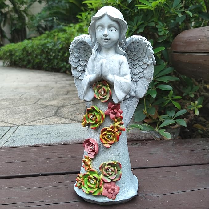 Angel Solar Garden Outdoor Statues with Succulent Plants and 6 LED Lights– Outside Solar Garden Decor Figurines -Remembrance & Sympathy Gifts Decorations-Ruum Studio Home