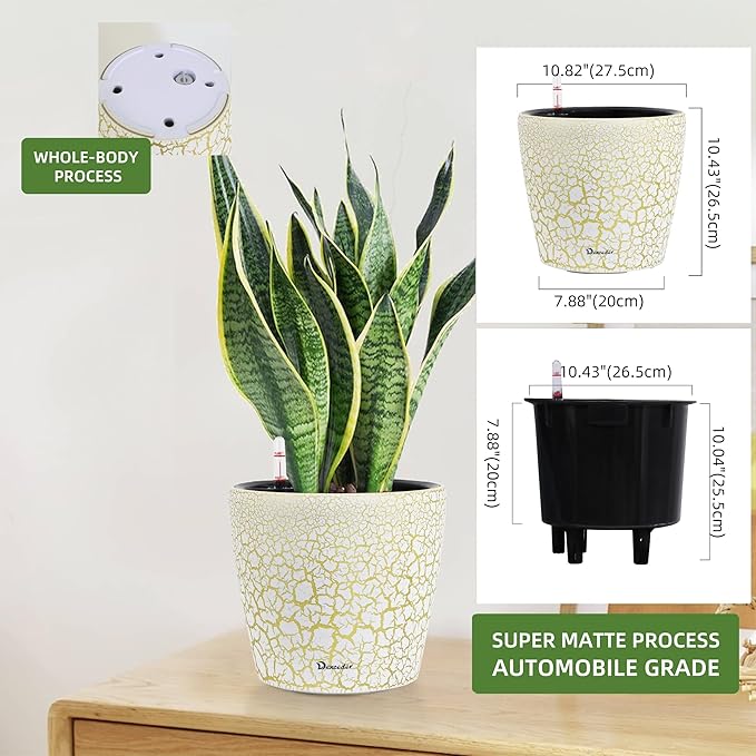 Dexceder 11x10 Inches Self Watering Planter Indoor Outdoor, Inner Pot Design, Thickened Table Flower Plant Pot with Water Level Indicator (White Gold Crackle)-Ruum Studio Home