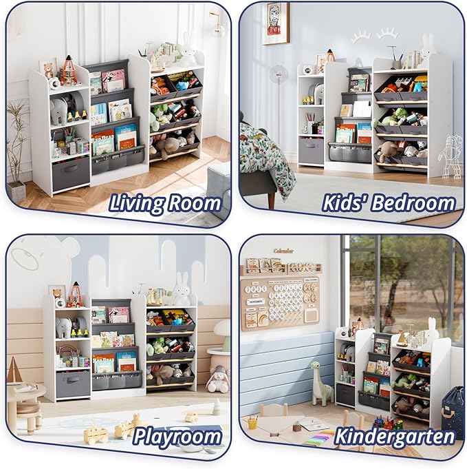 Kids Toy Book Storage Organizer - Large Bookshelf with 7 Removable Bins, Baby Bookshelf and Toy Storage, 4-Tier Book Shelf for Kids Room, Playroom, Classroom, 51 inch, White-Ruum Studio Home