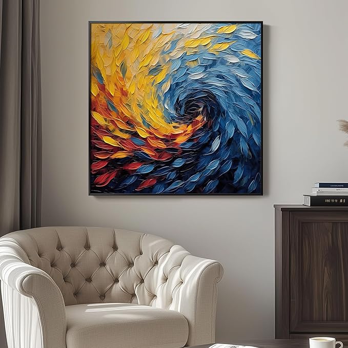 Large Framed Blue Modern Abstract Wall Art for Living Room, Minimalist Canvas Paintings Artwork for Walls, Blue Yellow Art Prints Pictures for Hallway Bedroom Office Wall Decor -30x30 Inch-Ruum Studio Home