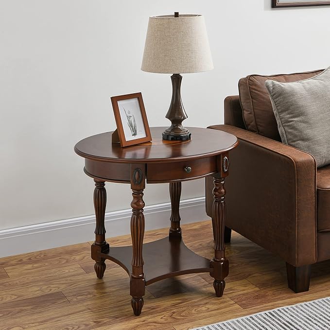 MODERION Solid Wood End Table with Drawer, Oval Sofa Side Table, Storage Shelf, Living Room Corner Table, Nightstand, 24”H Cherry Walnut CJZ1533WD-DR-Ruum Studio Home