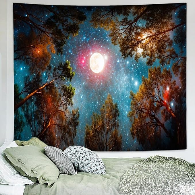Delur Forest Tapestry Galaxy Moon Stars Night Space Starry Sky Wall Hanging Tapestry Aesthetic Tree Nature Landscape Psychedelic Headboard for Bedroom Living Room Home Decor (70.8" x 92.5")-Ruum Studio Home