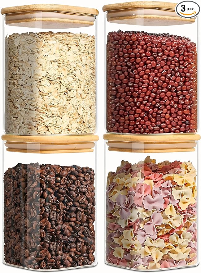 Square Glass Jars Canister with Wood Lid 37 FL OZ [Set of 4], Container Jar with Sealing, Lids for Oat Pasta Flour Cereal Rice Sugar Tea Coffee Beans, Best for Kitchen & Pantry-Ruum Studio Home