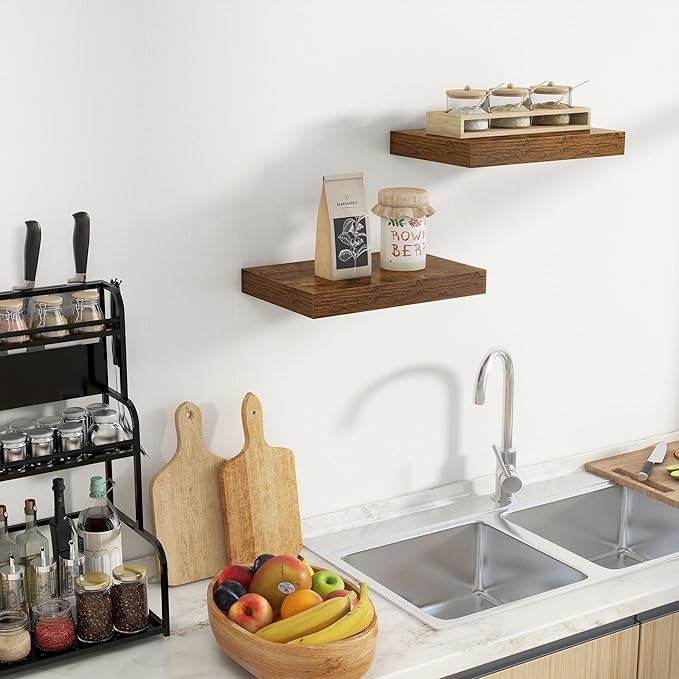 Fun Memories Wood Floating Shelves 16 Inch, 10 Inch Deep Shelves Wall Mount, Wall Shelves with Invisible Bracket, 16" Floating Shelves for Living Room Bathroom Bedroom, Rustic Brown, Set of 2-Ruum Studio Home