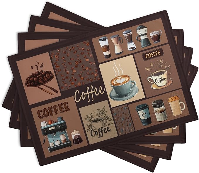 Coffee Theme Placemats Set of 4 Farmhouse Style Brown Linen Fabric Table Mat 12x18 Inch Washable Heat Resistant Non-Slip Place Mats for Home Party Kitchen Dining Decor-Ruum Studio Home