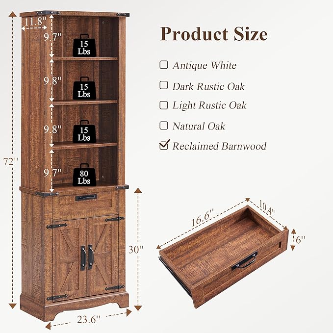 RedLemon Bookshelf with Storage Cabinet, 72" Tall Farmhouse Bookcase with Adjustable Shelves and Barn Door, 4 Tier Office Wood Bookshelf with Drawer for Library Living Room (Reclaimed Barnwood Color)-Ruum Studio Home