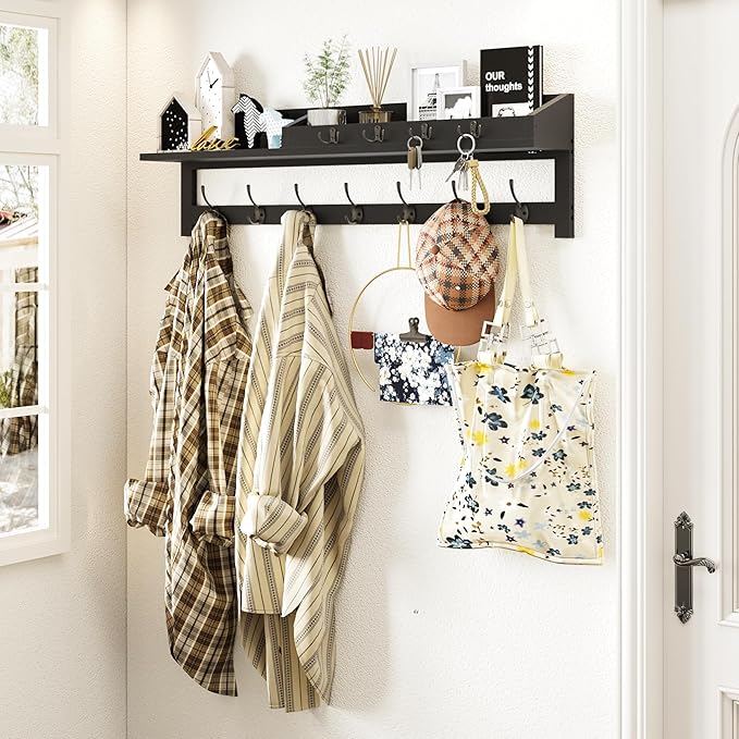 AMBIRD 35 inch Wall Hooks with Shelf, Coat Rack Wall Mount, Large Coat Hanger for Wall, Entryway Shelf with 7 Dual Coat Hooks, 4 Key Hooks and Mail Organizer, Wooden Key Holder Rack (Black)-Ruum Studio Home