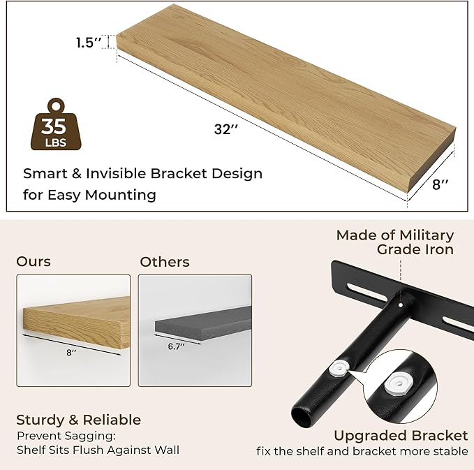 RICHFOCUS 31.5Inch Floating Shelves for Wall 2 Pack Shelves for Bedroom|Kitchen|Bathroom Wall Mounted Rustic Wood Floating Shelf with Invisible Brackets for Books|Storage|Decor, Oak-Ruum Studio Home