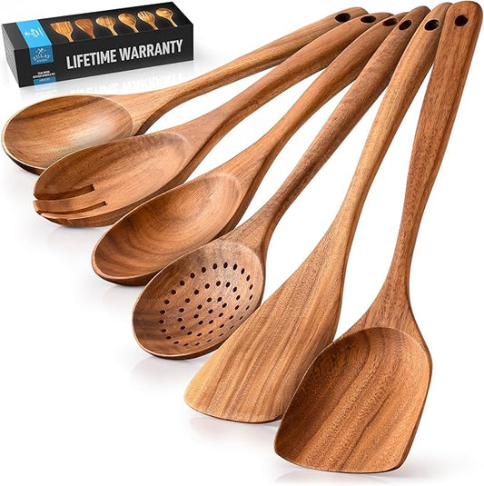 Zulay Kitchen 6-Piece Wooden Cooking Spoons Set – Heat-Resistant, Smooth Teak Utensils with Comfort Grip – Lightweight & Durable – Easy to Clean, Perfect for Non-Stick Cookware-Ruum Studio Home