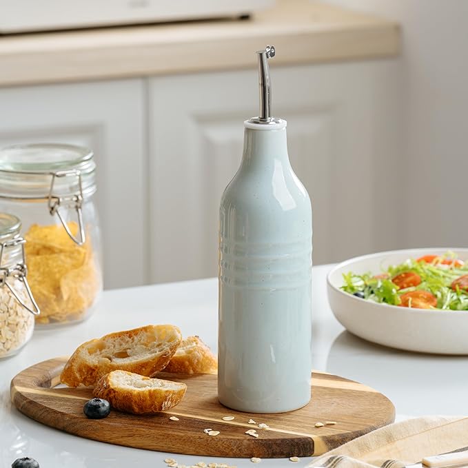 famiware Jupiter 16oz Ceramic Olive Oil Dispenser Bottle, 1 Piece Oil Dispenser for Kitchen with Stainless Steel Pourers, Suitable for Storage Vinegar, Soy Sauce, Coffee Syrup, Light Blue-Ruum Studio Home