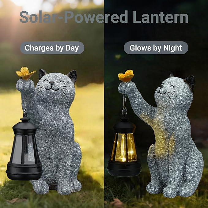 Solar Cat Garden Statue Outdoor Decor, Cat Sculpture with Lantern and Butterfly for Yard Lawn Patio Balcony, Birthday Housewarming Gifts for Mom, Grandma, Women, 9.4 inch, Resin-Ruum Studio Home