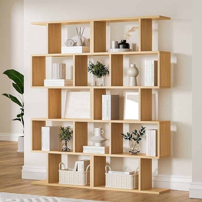 Oak 5-Tier Geometric Bookcase, S-Shaped Modern Bookshelf Set of 2, 62.6" Tall Room Divider Book Shelf, Decorative Display Shelf-Ruum Studio Home
