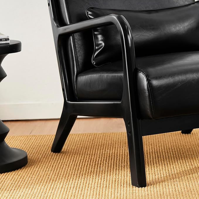 Glitzhome 2 Set Mid Century Black Accent Armchair, Single Reading Armchair PU Leather Lounge Chair with Walnut Ruberwood Frame-Ruum Studio Home