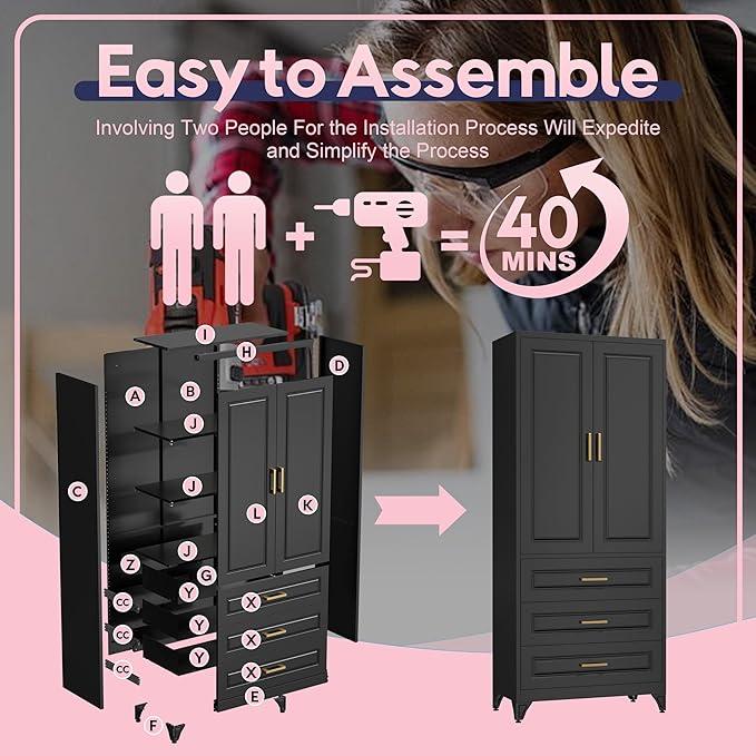 Pantry Kitchen Cabinet with Drawer, 75" Tall Pantry Storage Cabinet, Metal Storage Cabinets with Doors and Shelves, Large Freestanding Cupboard for Dining Room, Assembly Required, Black-Ruum Studio Home