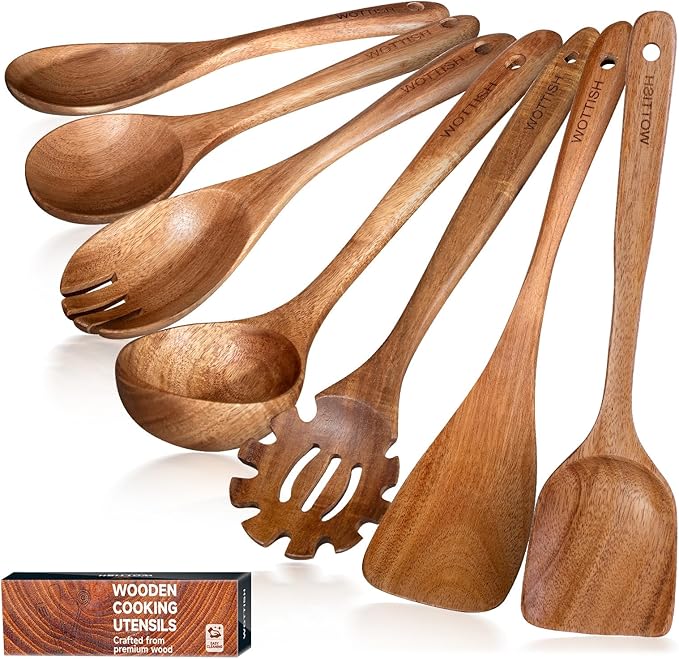 Wooden Utensil Set,WOTTISH 7Pcs Nonstick Wood Spatula,Wooden Kitchen Utensils Set Non Toxic,Wooden Spoons for Cooking（A07）-Ruum Studio Home