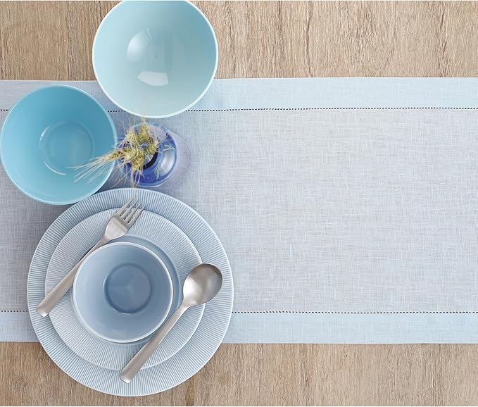 Solino Home Linen Light Blue Table Runner 90 Inches Long - 100% Pure Linen Hemstitch 14 x 90 Inch Table Runner for Dining - Classic Hemstitch-Ruum Studio Home