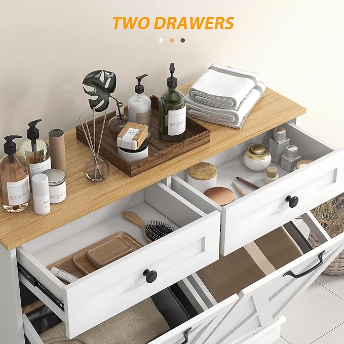 HOMCOM Tilt Out Laundry Hamper Cabinet with 2 Removable Baskets, Freestanding Bathroom Storage Cabinet with 2 Drawers, Trash Can Cabinet for Living Room, Laundry Room, White-Ruum Studio Home