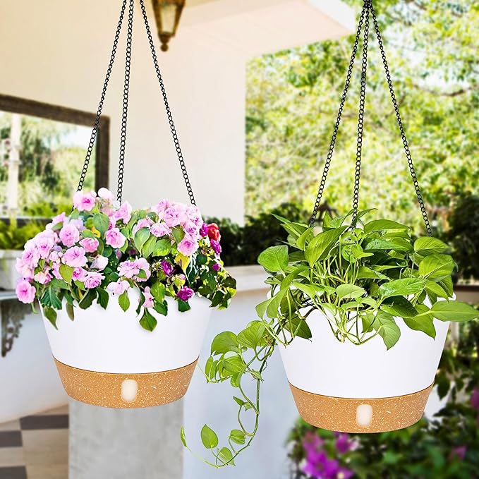 QCQHDU 2 Pack Hanging Planters for Indoor Outdoor Plants, 10 Inch Hanging Baskets Flower Pots with Reservoir Tray & Visible Water-Level-Ruum Studio Home