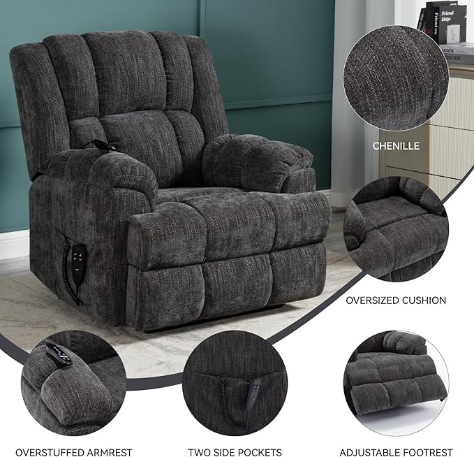 Power Lift Chair with Vibration Massage Heat for Elderly People, Dual Motor Electric Lay Flat Recliner Chair with Power-Remote, Standing Assistance Reclining, Chenille Dark Gray-Ruum Studio Home