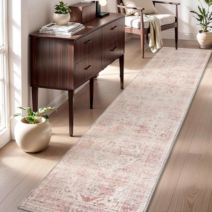 AMOAMI-2X10 Runner Rug-Washable Runners for Hallways-Soft Non Slip Bedside Rugs for Bedroom-Vintage Long Rug for Hallways Entryway Laundry Room Stair Kitchen Bathroom Pink-Ruum Studio Home
