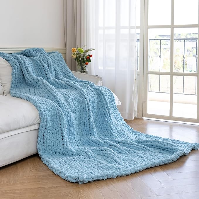 Chunky Knit Blanket - Luxury Soft Cozy 40 * 50 Throw Blanket,100% Woven Blanket Rope Knot Throw Blanket for Couch, Sofa, Home Decor, Gift - Machine Washable（Light Blue）-Ruum Studio Home