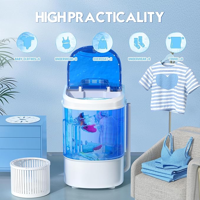 Superday Mini Portable Washing Machine, Single Tub Compact Washing Machine with Spin Cycle, 6.6LBS Washing Capacity Small Electric Washer Machine for Home, Apartments, Outdoor, RV, Dormitory, Blue-Ruum Studio Home