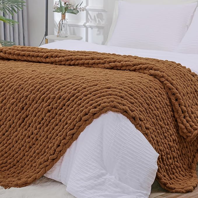 Bigacogo Chunky Knit Throw Blanket for Couch, 51x63 inches, 100% Hand Knitted with Thick Jumbo Chenille Yarn, Cozy Soft Large Rope Knot Cable Crochet Blankets for Sofa Bed Living Room, Caramel-Ruum Studio Home