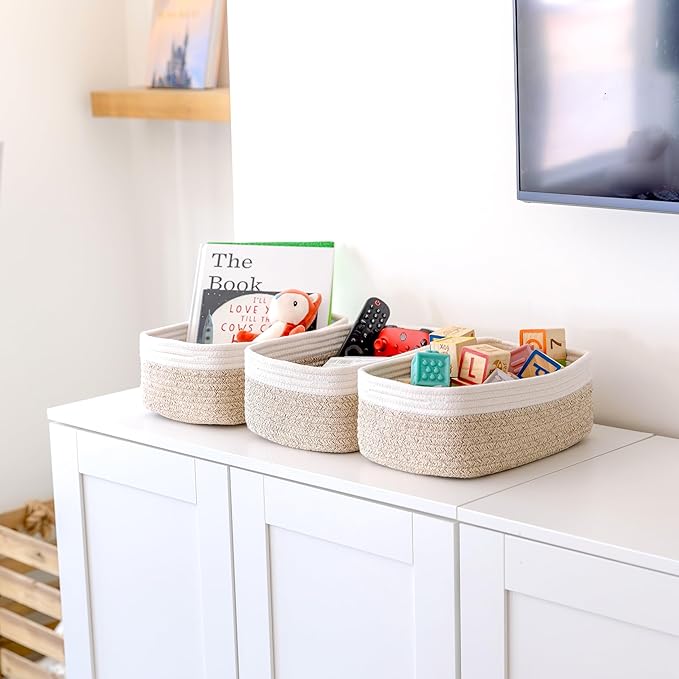 NaturalCozy 11.8"x8"x4.5” Storage Baskets for Shelves 3 Pack | Cotton Rope Woven Small Baskets for Organizing | Small Storage Bins for Nursery, Bathroom, Closet, Cube Shelf, Decorative, Gift Basket-Ruum Studio Home