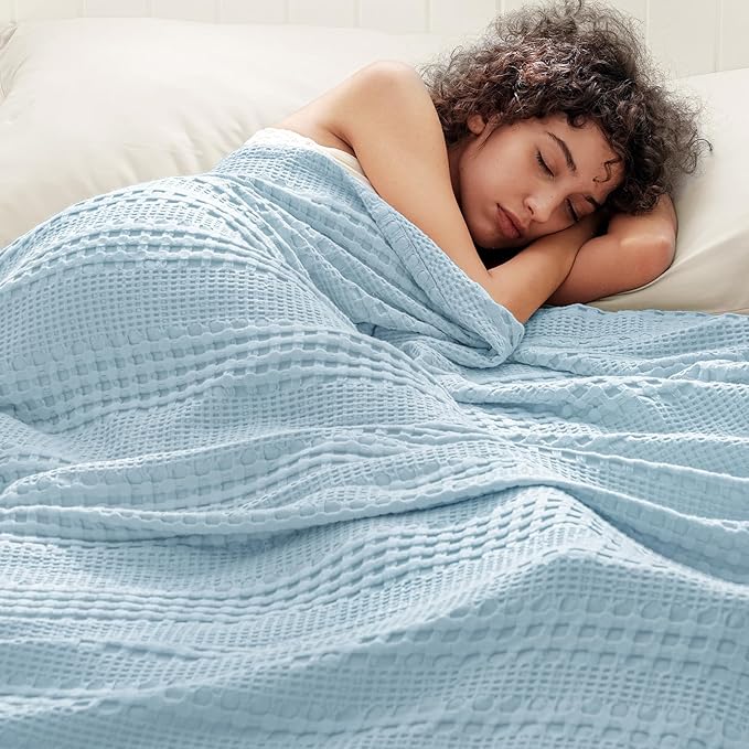 PHF Cooling Waffle Blanket Queen Size,Lightweight 60% Rayon Derived from Bamboo & 40% Cotton Breathable Blanket for Hot Sleepers, Soft and Luxury for Bed Couch and Sofa, 90"x90",Sky Blue-Ruum Studio Home