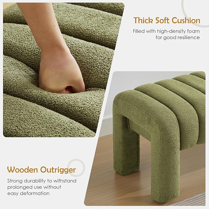 43.3" Bedroom Bench, Upholstered Entryway Bench, Modern End of Bed Ottoman with Solid Wood Legs and Adjustable Foot Pegs for Entryway, Dining Room and Living Room (Green Boucle)-Ruum Studio Home