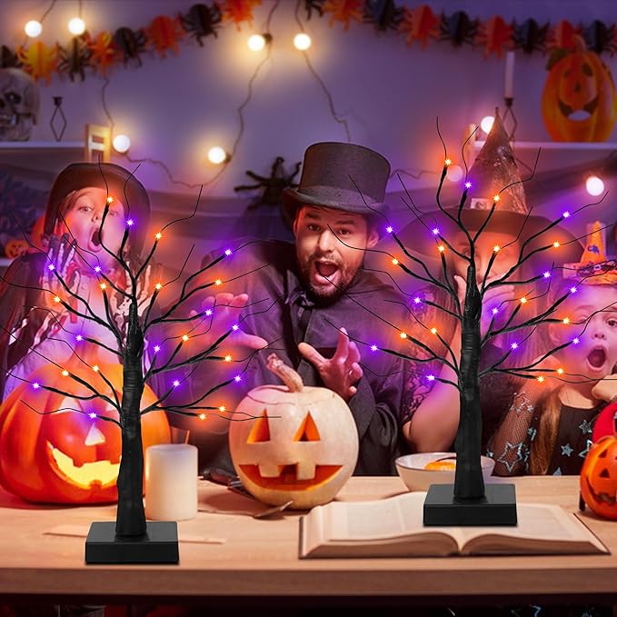 [Timer] 2 Pack 24 Inch Black Halloween Tree with Orange Purple Lights, USB/Battery Operated Light Up Halloween Table Decorations, Spooky Halloween Decorations Indoor Home Mantle Room Party Decor-Ruum Studio Home