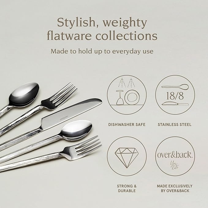 over&back 20pc Hand-Forged Flatware Cutlery Set - Comes with 4 Dinner Forks, 4 Salad Forks, 4 Dinner Knives, 4 Dinner Spoons, and 4 Teaspoons - Dishwasher-Safe - 18/8 Stainless Steel-Ruum Studio Home