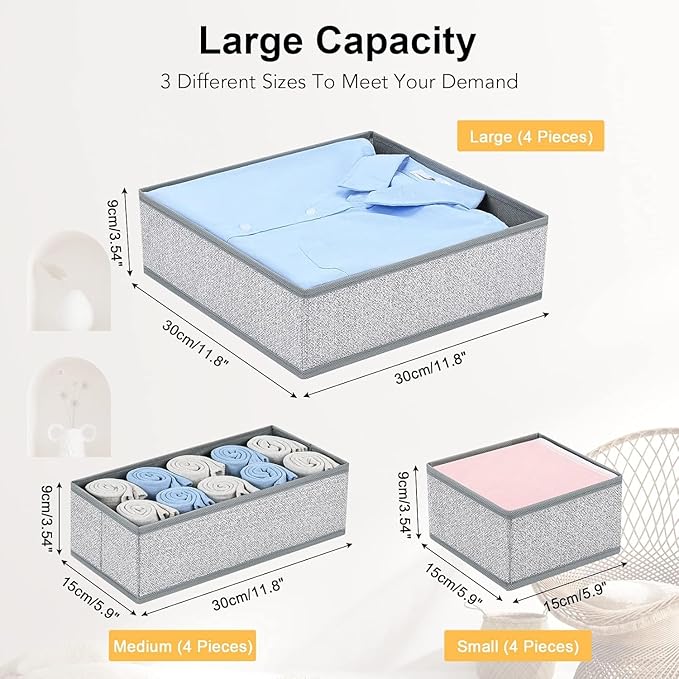 DIMJ Drawer Organizer Clothes 12 Pack - Foldable Baby Organizers and Storage & Dresser Organizer for Bedroom, Closet - Nursery Organization Dresser Dividers for underwear, Sock,Bra, Belt, Tie, Gray-Ruum Studio Home