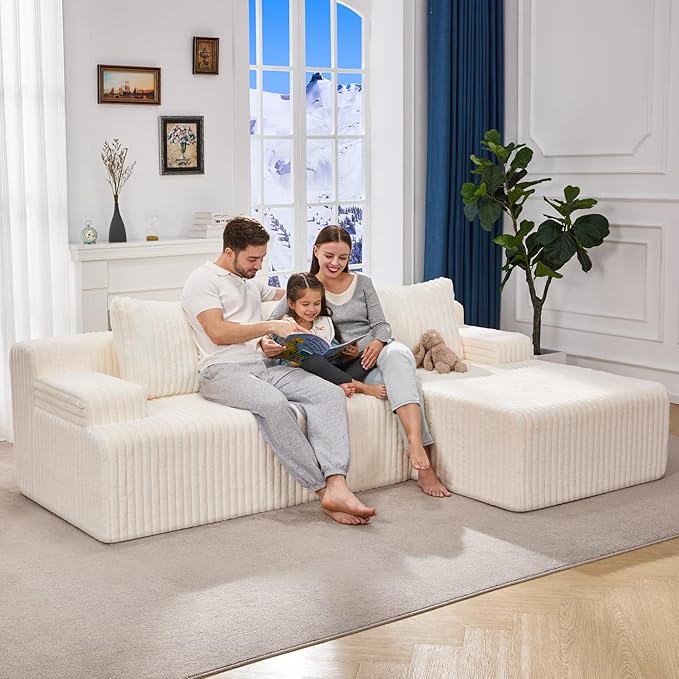 Hobestluk 96“ Modular Sectional Sofa Couches L-Shape Couch 3 Seat Modular Sofa Memory Foam Sectional Couches for Living Room, Cloud Couch with Oversized Chaise (White, Stripe (Right Facing Chaise))-Ruum Studio Home