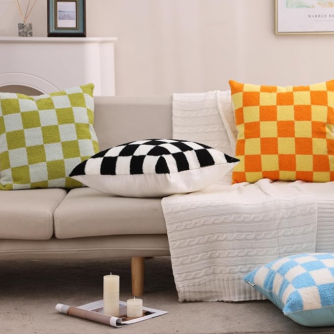 Alysheer Checkered Embroidered Decorative Throw Pillow Covers 18"x 18" Set of 2, Farmhouse Boho Orange Yellow Plaid Tufted Patterned Cotton Canvas Cushion Case for Sofa Couch Bed Living Room Outdoor-Ruum Studio Home