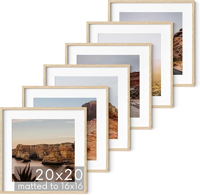 HAUS AND HUES Solid Oak Wood 20”x20” Picture Frames Matted to 16”x16” Set of 6-20x20 Wooden Gallery Frames for Art, Picture Frames 20x20, Photo Gallery Wall Frame Set, Bulk Frames (Beige Oak Frames)-Ruum Studio Home