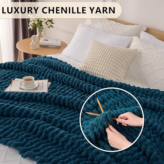 L'AGRATY Chunky Knit Blanket Throw: 72''x84'' Chenille Chunky Knitted Throw Blankets for Bed Couch - Handmade Thick Big Cable Knit Blanket - Large Crochet Rope Blankets for Home Decor(Blue)-Ruum Studio Home