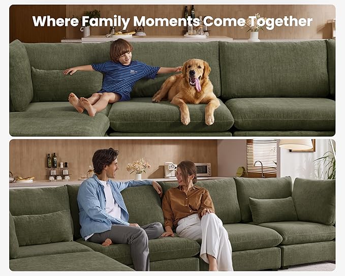Oversized Modular Sofa, Extra Deep Cloud Chenille Sectional Couch with Ottoman Chaise, Fluffy Chenille 2 Seater Sofa Bed for Living Room, Villa (Loveseat Sofa, Chenille Green)-Ruum Studio Home