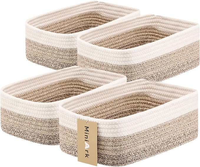 Small Storage Baskets for Organizing | Closet Organizer Bins | Shelf Toy Basket | Woven Rope Baskets | Cube Decorative Box | Shallow Basket |11.5x7.5x4.7”| 4 Packs Gradient Brown-Ruum Studio Home