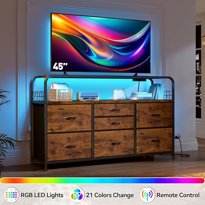 TV Stand for Bedroom with LED Lights & Charging Station, 7 Drawer with Open Shelf, Media Console for Living Room & Chest of Drawers for Closet, Entryway, Hallway, 4 Hooks, Rustic Brown-Ruum Studio Home