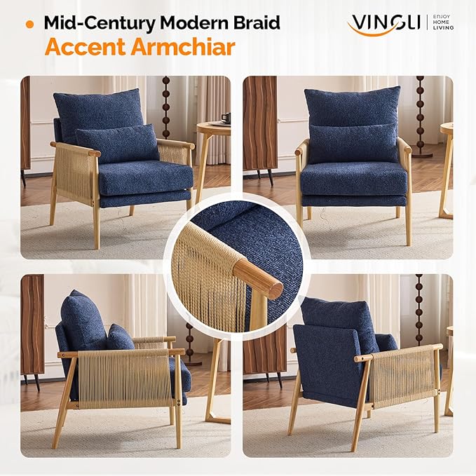VINGLI Boho Braid Accent Armchair,Mid-Century Modern Chiar with Solid Wooden Armrest,Comfy Louge Cushion Chair with Waist Pillow for Bedroom,Living Room,Reading Room, Blue-Ruum Studio Home