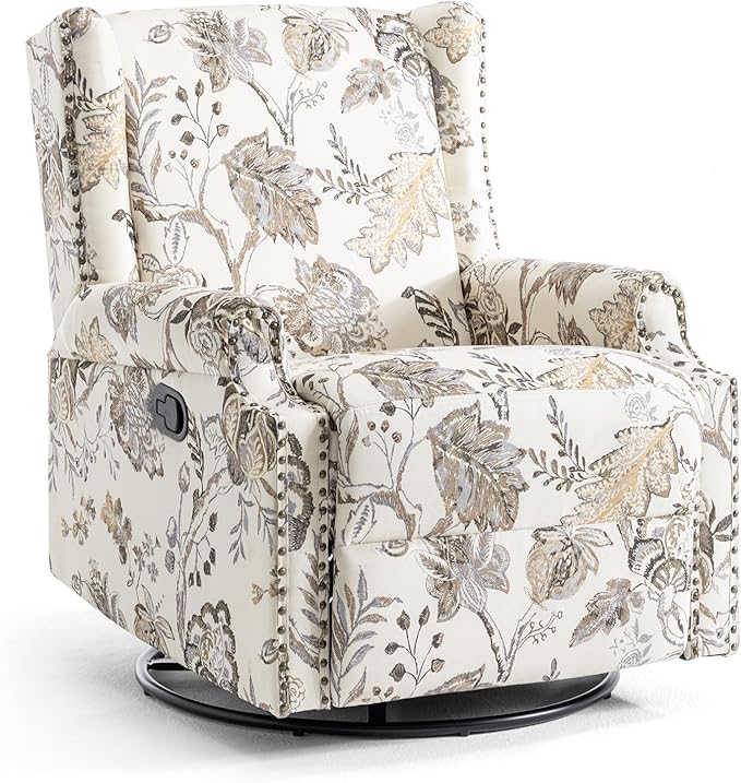 UIXE Swivel Rocker Manual Recliner Chair, Wingback Swivel Glider Fabric Nursery Reclining Sofa Chair, High Back Upholstered Arm Chair for Living Room Bedroom - Beige Plants-Ruum Studio Home