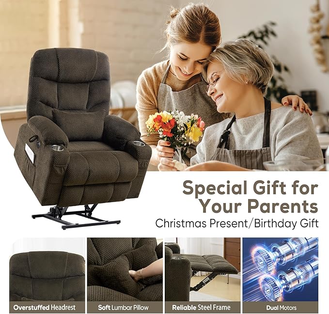 Oversized Dual Motor Lay Flat Power Lift Recliner Chair with Massage, Heating, Lumbar Pillow, USB & Type-C Ports, Textile Lift Chairs Recliners, Large Recliner for Big & Elderly People - Brown-Ruum Studio Home