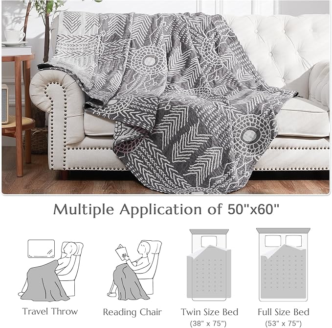 jinchan Boho 100% Cotton Muslin 50x60 Throw Blanket Lightweight 3 Layer Grey Blanket Washable Reversible Breathable Decorative Geometric Striped Patterned Gray Soft Cozy for Sofa Bed All Season Gift-Ruum Studio Home
