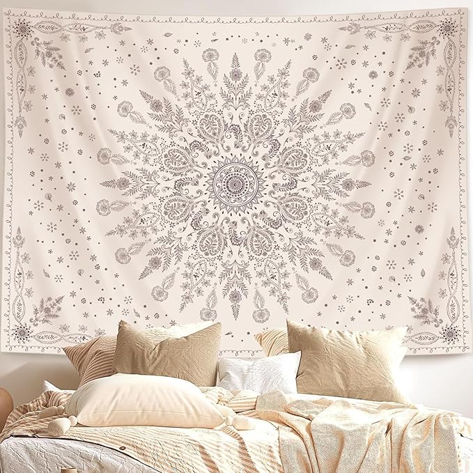 Lunerfex Boho Floral Tapestry Mandala Wall Tapestry, Cute Tapestries for Bedroom Beige Flower Tapestries Wall Hanging for Bedroom Living Room Decor Beige-1 60"x80"-Ruum Studio Home